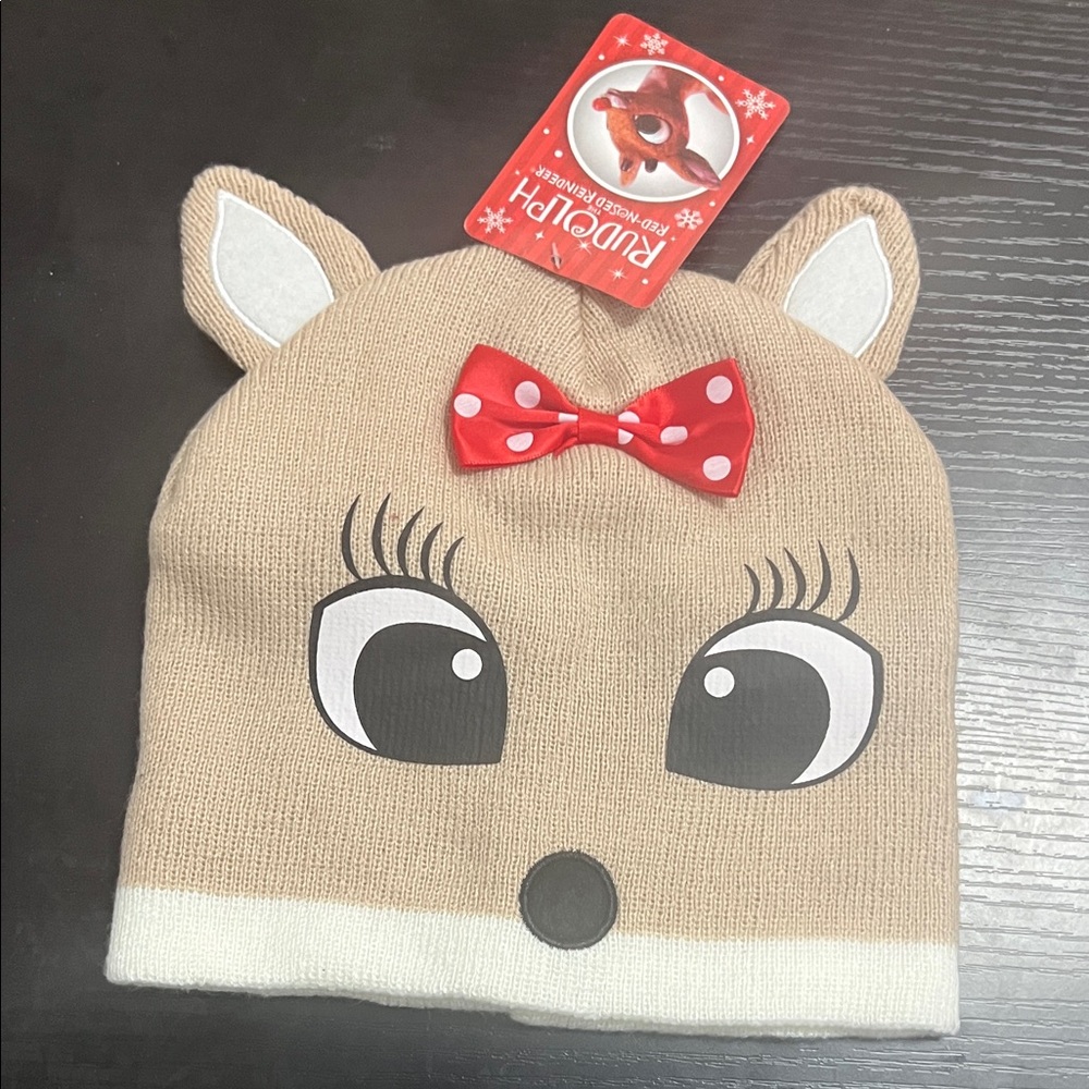 Cute Reindeer Kids Beanie with Red Bow